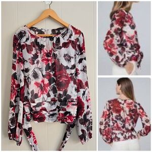 White House Black Market Floral Blouse Sash Tie Smocked Waist Balloon Sleeves 12